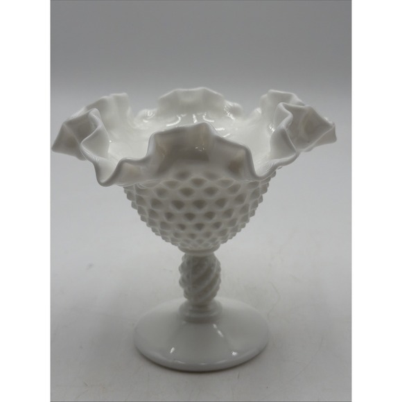 Fenton Other - FENTON WHITE HOBNAIL MILK GLASS Pedestal Nut Compote Candy Ruffled Dish 5 inches